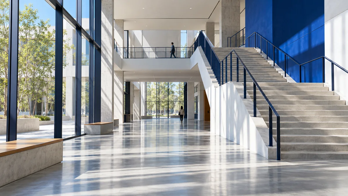 Illustrative light-filled educational building with concrete stairs and a blue wall