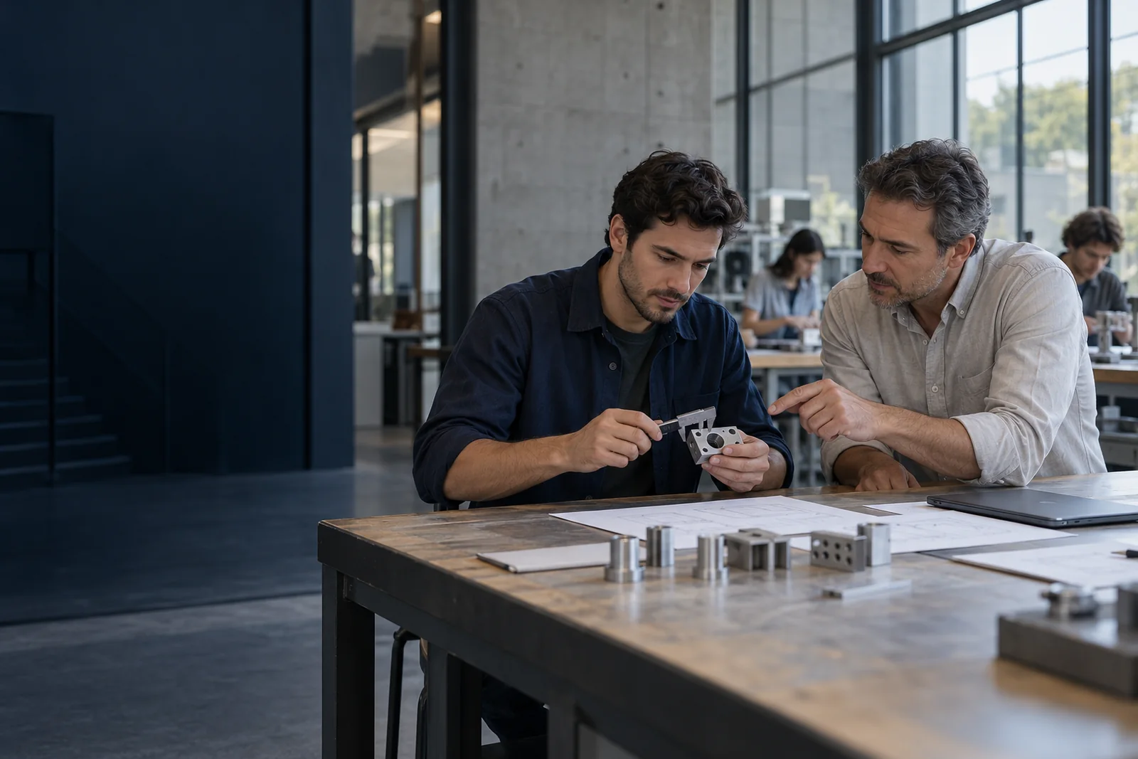 Illustration of an adult learner and instructor in a practical engineering classroom